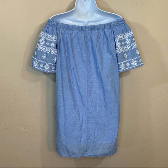 XS Old Navy Blue Embroidered Peasant Tunic Short Dress Boho Off Shoulder - Picture 4 of 7
